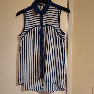 mine Blue and White Striped Sleeveless Button-Front Blouse